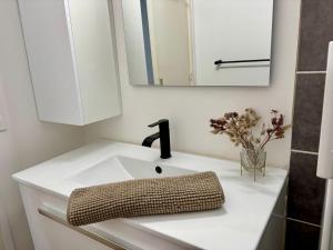 a bathroom sink with a faucet and a mirror at Ty Foch in Lorient