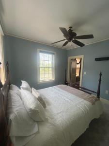 a bedroom with a bed with a ceiling fan at Town Square Charm Century Old in Lewisville