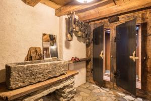 a stone sink in a room with a wooden wall at Tannhäuser Mountain Chalet in Predoi +34 photos