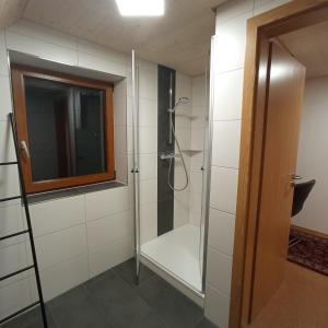 a bathroom with a shower with a glass door at Haus Fehrenbach in Sankt Märgen +26 photos