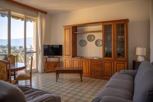 a living room with a couch and a tv at Verbania Panorama Lago in Verbania