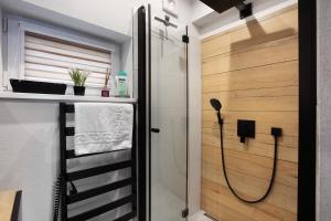 a shower stall in a bathroom with a wooden wall at Heimelige Schwarzwaldwohnug Berg in Häusern
