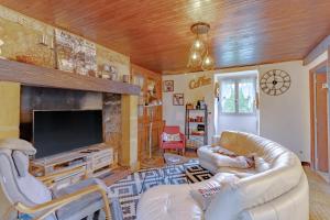 a living room with couches and a tv and a fireplace at Les Gabernous in Tursac