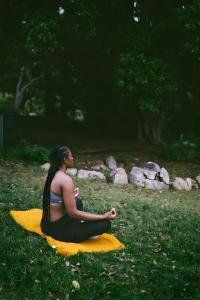 a woman sitting on a yellow blanket in the grass at Les Planious in LʼÉpine