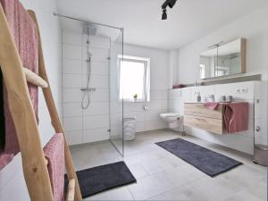 a bathroom with a shower and a toilet and a sink at Rehkitz in Baiersbronn