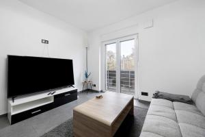 a living room with a large flat screen tv at Gemütliche und ruhige Wohnung in Stuttgart