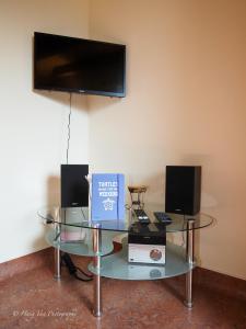 a room with a glass table with a tv on the wall at Birkenhof Pließkowitz in Malschwitz
