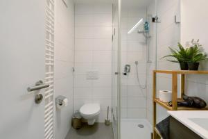 a bathroom with a shower with a toilet and a sink at Wohnung 4 Rosenstraße in Cham +20 photos