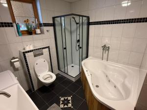 a bathroom with a shower and a toilet and a tub at Haus Auner Top 1 in Westendorf +20 photos