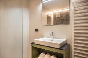 a bathroom with a sink and a mirror at Apartments Armeri Black Dolomites in San Vigilio Di Marebbe