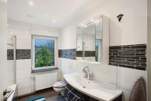 a bathroom with a sink and a toilet and a mirror at Lausebuche Im Sauerland in Lennestadt +23 photos