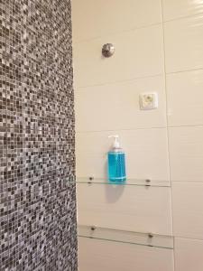 a bottle of soap sitting on a glass shelf in a shower at Casa Io in Mindelo +51 photos