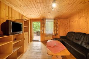 a living room with a black leather couch and a tv at Bungalow 34 - Kimbucht in Reichendorf