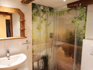 a bathroom with a shower and a sink at Biobetrieb Lippenhof in Breitnau