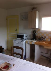 a small kitchen with a stove and a microwave at Gîte À La Campagne in Bourdeaux