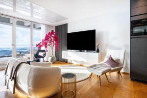 a living room with a tv and a couch and chairs at Apartment Himmelweit in Freyung