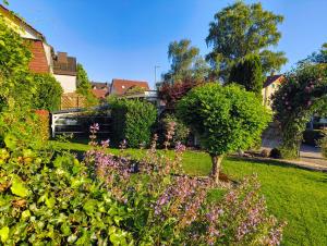 a garden with purple flowers in a yard at Haus Auryn in Markelfingen