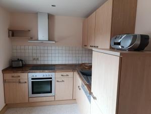 a kitchen with wooden cabinets and a tv on the counter at Zirbelkiefer 8 in Bad Klosterlausnitz +2 photos