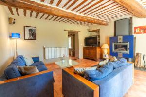 a living room with blue couches and a tv at Mas De Charme Caumont Sur Durance in Caumont-sur-Durance