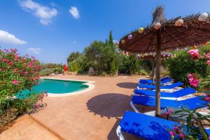 a group of blue chairs and an umbrella next to a pool at Acuario-Géminis in Llucmajor