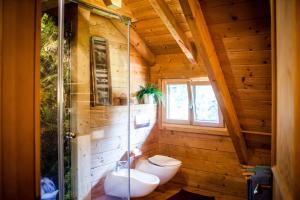 a bathroom with two toilets and a glass shower at Ferienwohnung am Hirschenmoor in Breitnau