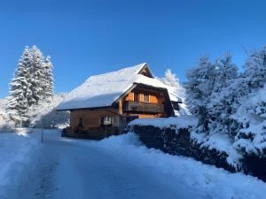a log cabin in the snow on a snowy road at Ferienwohnung am Hirschenmoor in Breitnau