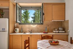 a kitchen with a sink and a bowl of fruit on a table at Alkionides Apartment 1 in Agios Nikitas +14 photos