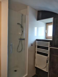 a shower with a glass door in a bathroom at L'alouette - Gites Rocheflamme in La Malène +11 photos