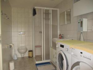 a bathroom with a washing machine and a toilet at Altes Jägerhaus in Lübbenow
