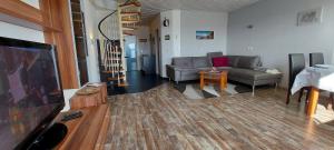 a living room with a couch and a flat screen tv at Ferienwohnung Meerblick in Wangerland