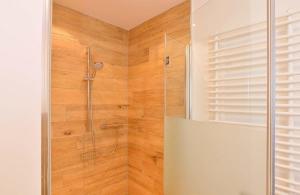 a shower in a bathroom with a wooden wall at Ferienwohnung Fliess in Neuendorf am See +7 photos