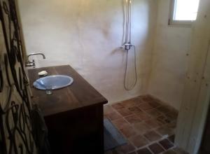a bathroom with a sink and a shower at Ferme Des Montagnes Bleues in Bellegarde-en-Diois