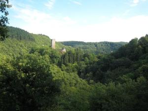 a building on top of a hill with trees at Ferienwohnung Wiesental in Meisburg
