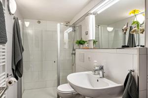 a bathroom with a sink and a toilet and a mirror at Meerlust Travemünde in Travemünde +18 photos