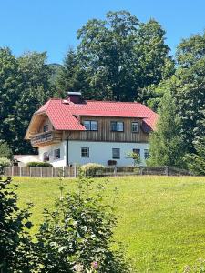 a house with a red roof on a field at Haus Rosenheim in Ramsau am Dachstein