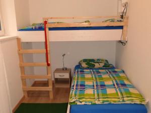 a bedroom with two bunk beds and a ladder at Ferienwohnung am Lerchenweg in Möhnesee