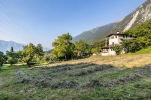 a house in a field with mountains in the background at Panoramic Green Studio in Malcesine