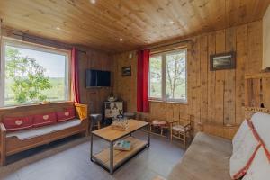 a living room with a couch and a table at Chalet du Pradel in Les Estables