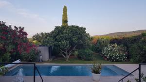 a swimming pool in a yard with trees and flowers at Maison D'hôtes en Drôme Provençale in Vinsobres +10 photos