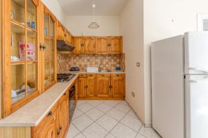 a kitchen with wooden cabinets and a refrigerator at Rocco 1 in Torre San Giovanni Ugento +17 photos