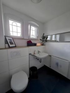 a white bathroom with a toilet and a sink at Ferienhaus Spes in Stockach +31 photos
