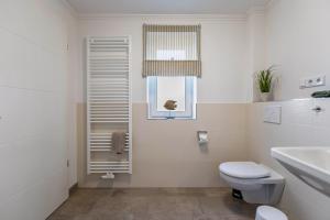 a white bathroom with a toilet and a sink at Ferienhaus Waterkant mit Hund in Klanxbüll +21 photos