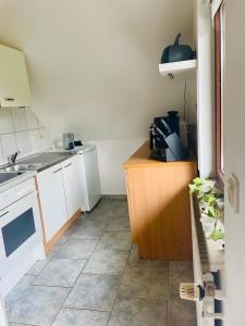 a kitchen with a sink and a counter with a stove at Ferienwohnung Gaßmann in Wingerode +7 photos