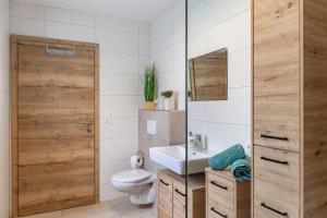 a bathroom with a toilet and a sink and a mirror at Apart Elias in Gschnallenhof +23 photos