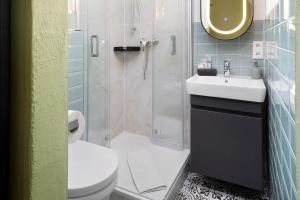 a bathroom with a toilet and a sink and a shower at Tiny House am Kaiserstuhl in Ihringen +21 photos