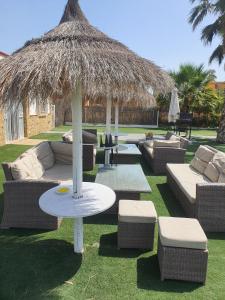 a patio with a table and chairs and a straw umbrella at Villa Dehesa in Tabernas