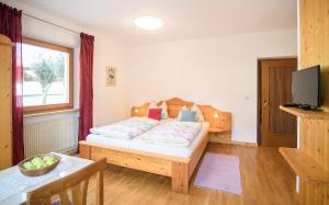 a bedroom with a bed and a table and a television at Peter Paul Studio Penegal in Appiano sulla Strada del Vino