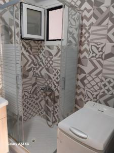 a bathroom with a shower and a toilet at Menidi Sea View 302 in Menídion