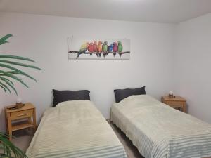 two beds sitting next to each other in a room at Ferienwohnung Rheinnähe in Bad Säckingen