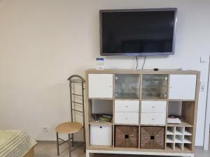a flat screen tv on top of a book shelf at Ferienwohnung Rheinnähe in Bad Säckingen